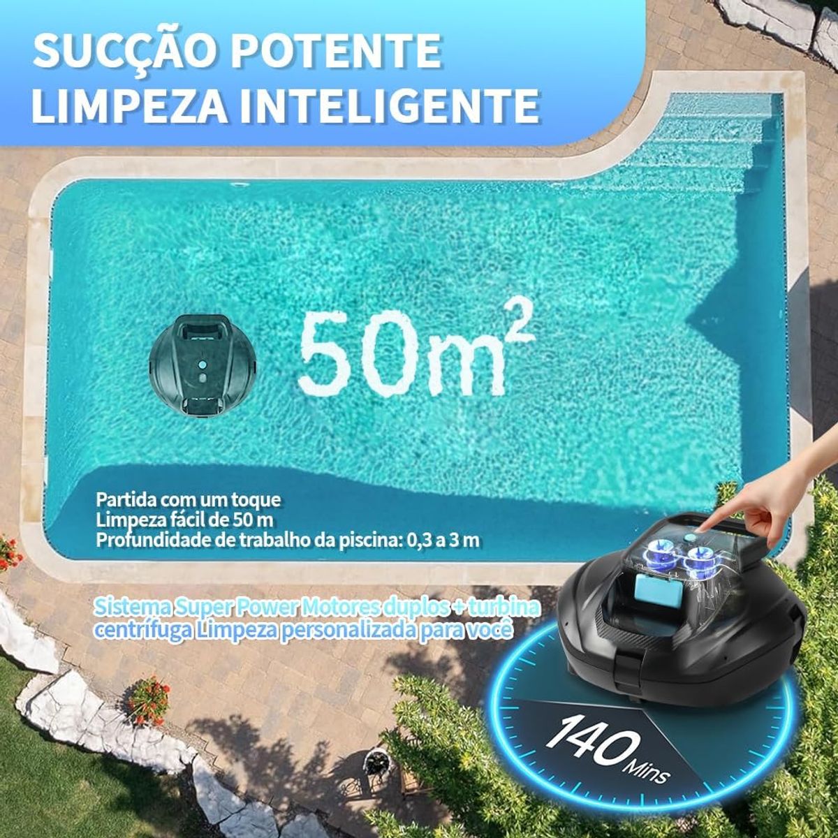 BLUEDREAMER - Aspirador de Piscina Aspirador de Piscina Sem Fio 140 Minutos de Trabalho 50m² en Área de Limpeza