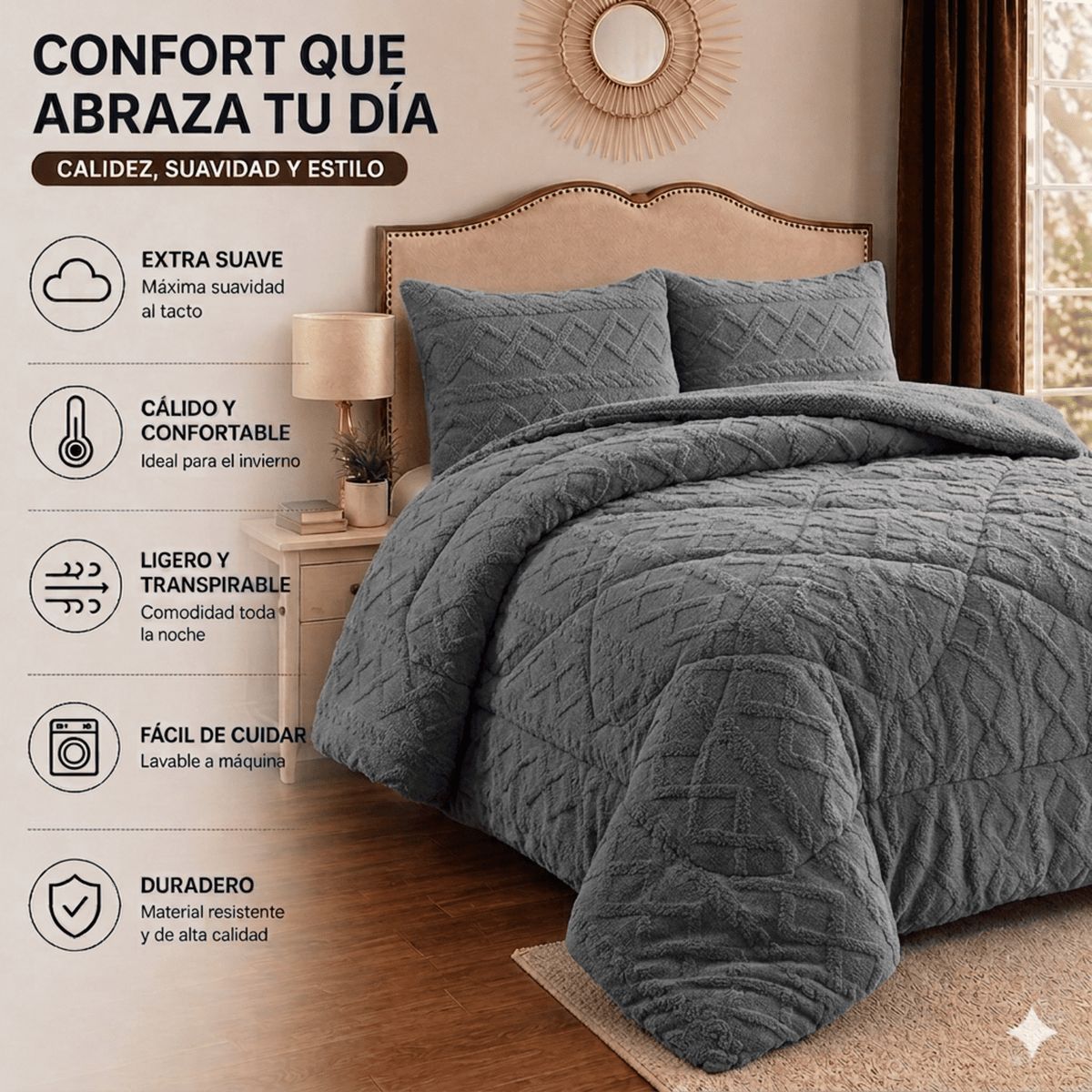 GENERICO - Plumón Cobertor Plush Chiporro 2 Plazas Invierno Suave Diseño Trenzado Gris