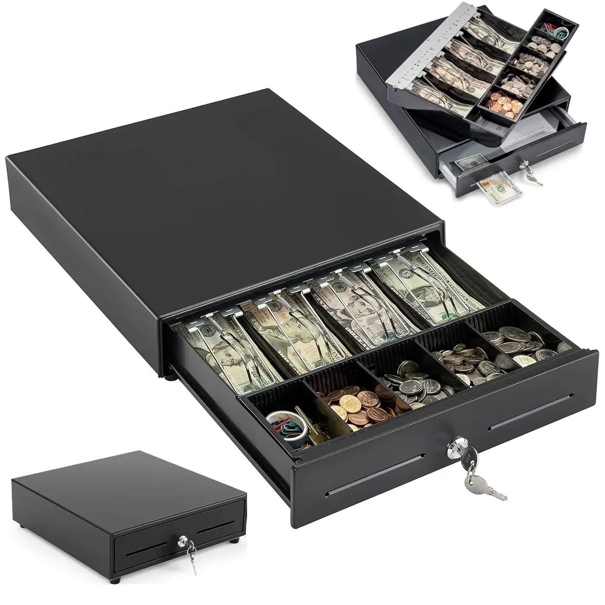 EVERSO - Caja Gaveta Dinero Electrónica Cajon Metalico Con 2 Llaves Con Bandeja De Efectivo De 4 Billetes Y 5 Monedas