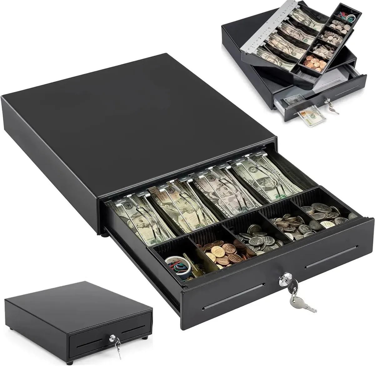 EVERSO - Caja Gaveta Dinero Electrónica Cajon Metalico Con 2 Llaves Con Bandeja De Efectivo De 4 Billetes Y 5 Monedas