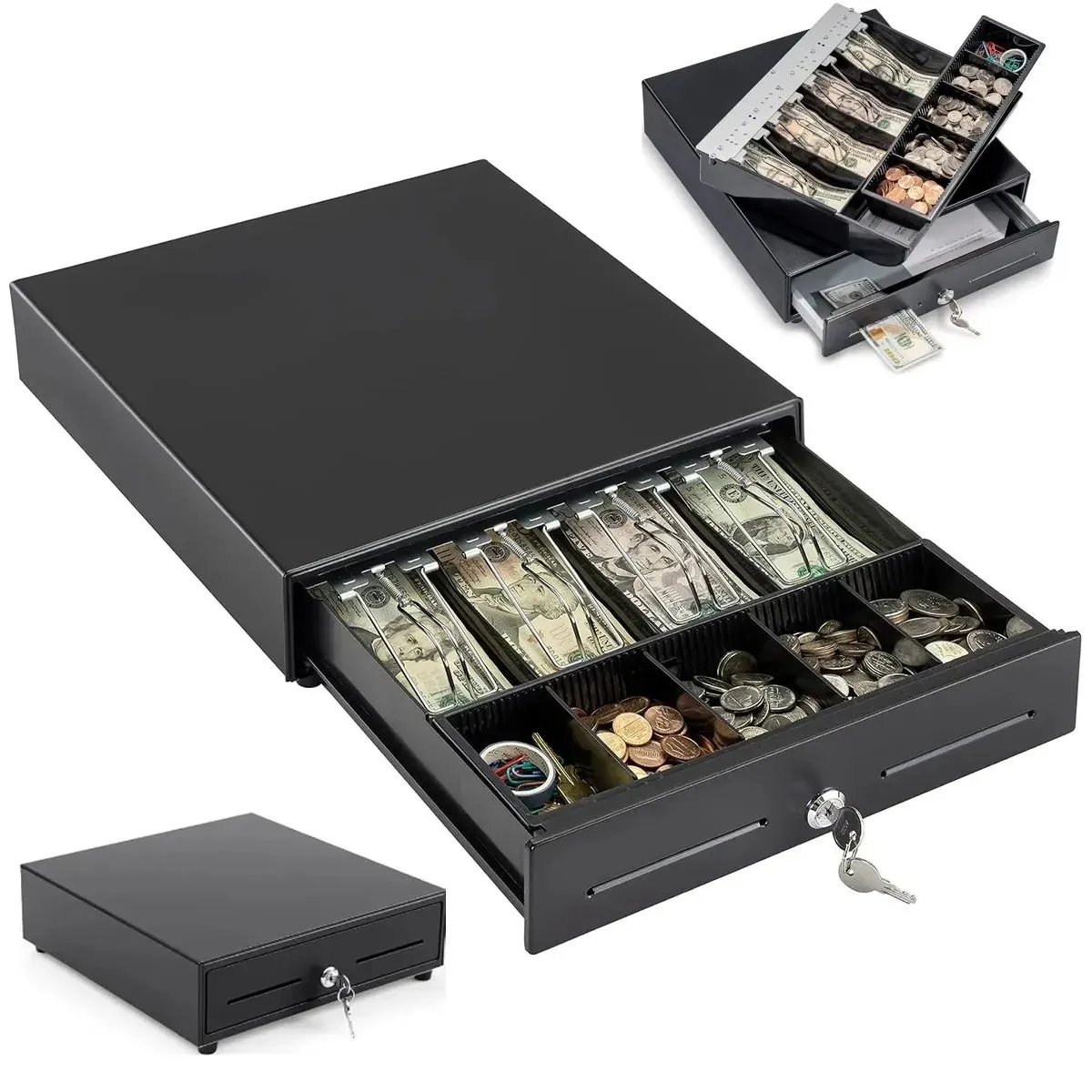 EVERSO - Caja Gaveta Dinero Electrónica Cajon Metalico Con 2 Llaves Con Bandeja De Efectivo De 4 Billetes Y 5 Monedas