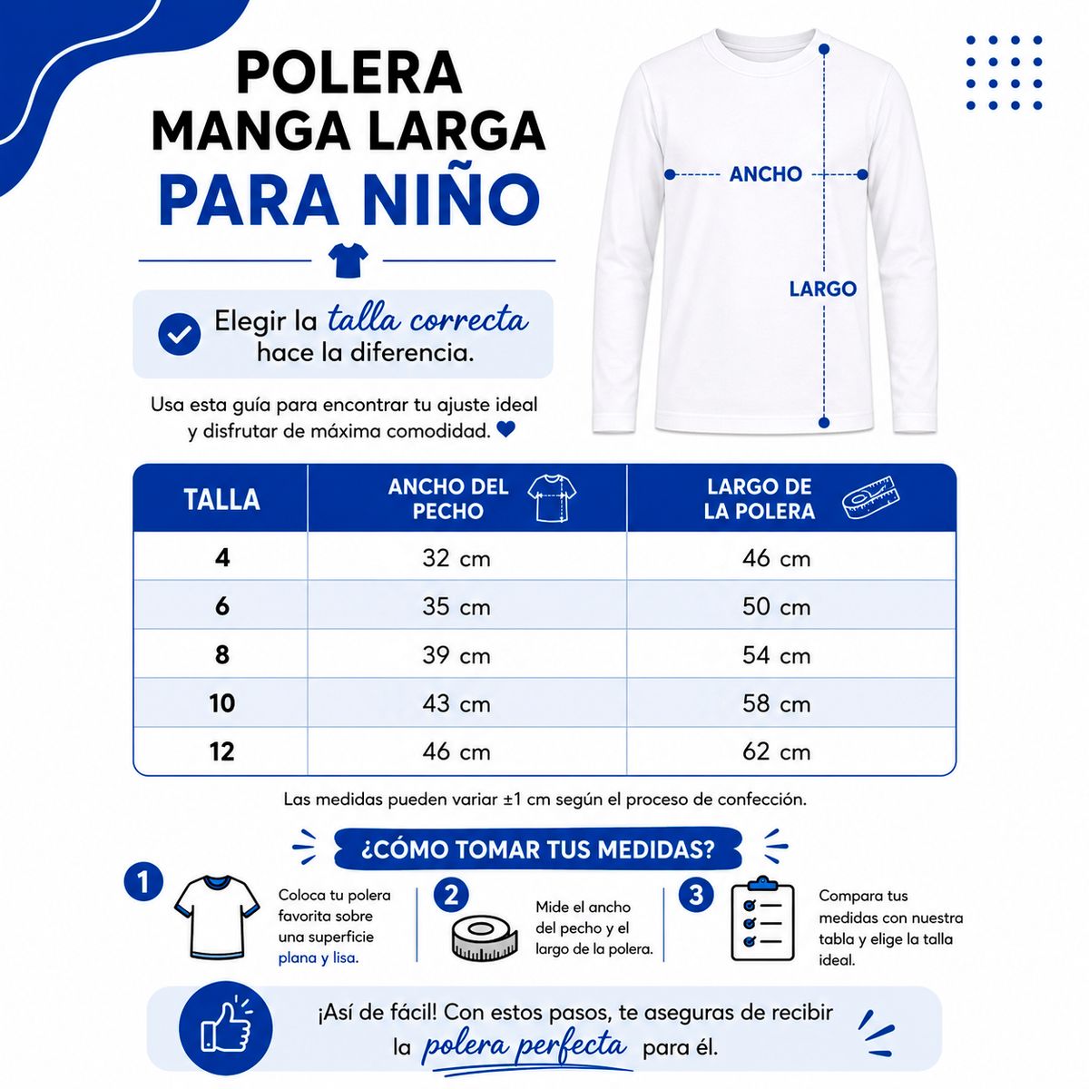 ROLY - Polera Manga Larga Niño Y Niña Roly 100% Algodón Cuello Redondo