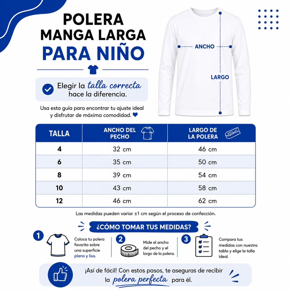 ROLY - Polera Manga Larga Niño Y Niña Roly 100% Algodón Cuello Redondo