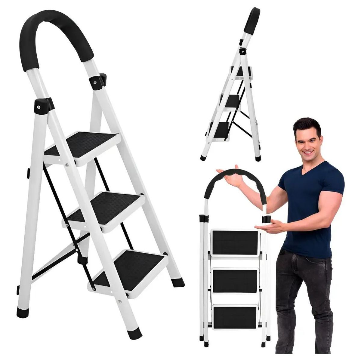 EVERSO - Escalera 3 Peldaños Plegable Multiposiciones Acero Inoxidabl