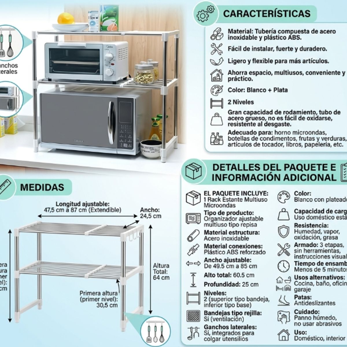 GENERICO - Repisa Microondas Ajustable Cocina Organizador Acero Inoxidable Doble Nivel Estante Multifuncional