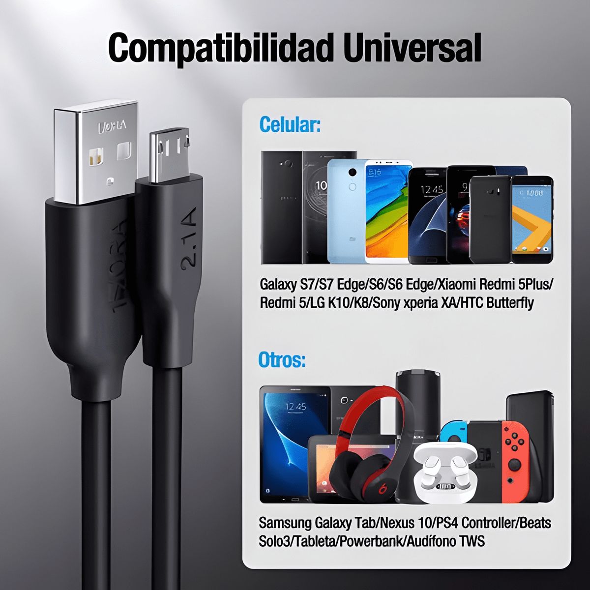 GENERICO - Cable cargador v8 micro USB carga rápida 1metro