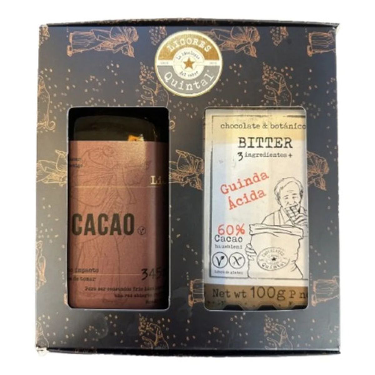 DESTILADOS QUINTAL - Caja Regalo Licor Cacao + Chocolate Bitter Guinda Quintal