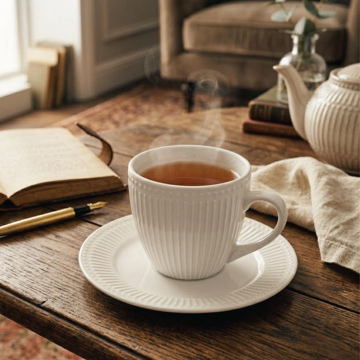 DECO EXPRESS - Set 6 Tazas + 6 Platos Té o Café Porcelana Abbey 210 ml