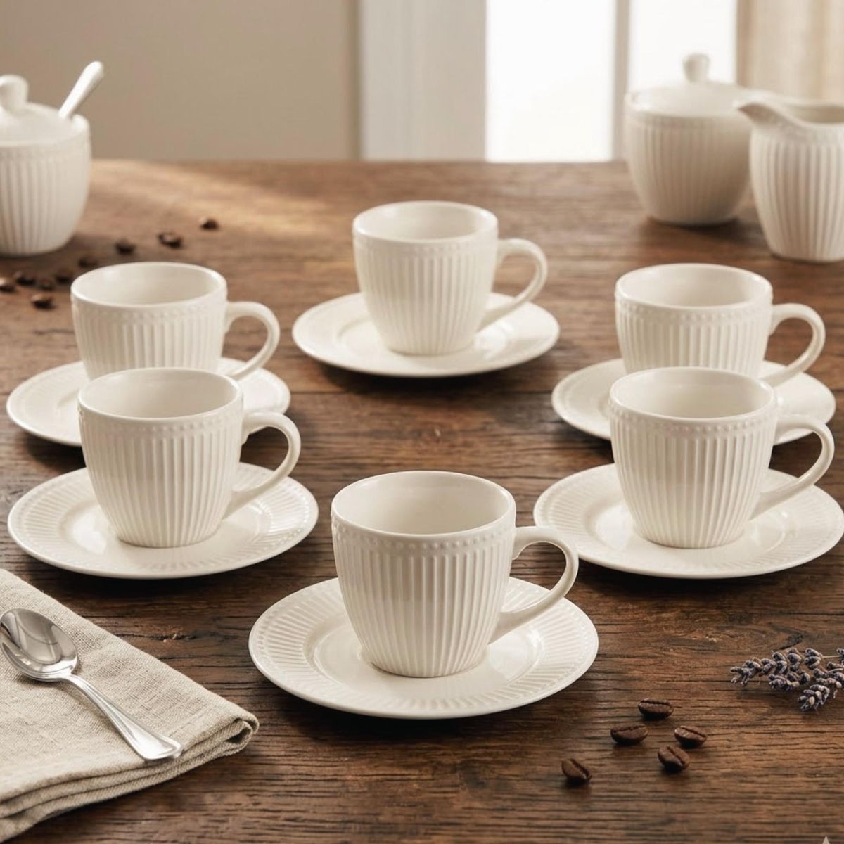 DECO EXPRESS - Set 6 Tazas + 6 Platos Té o Café Porcelana Abbey 210 ml