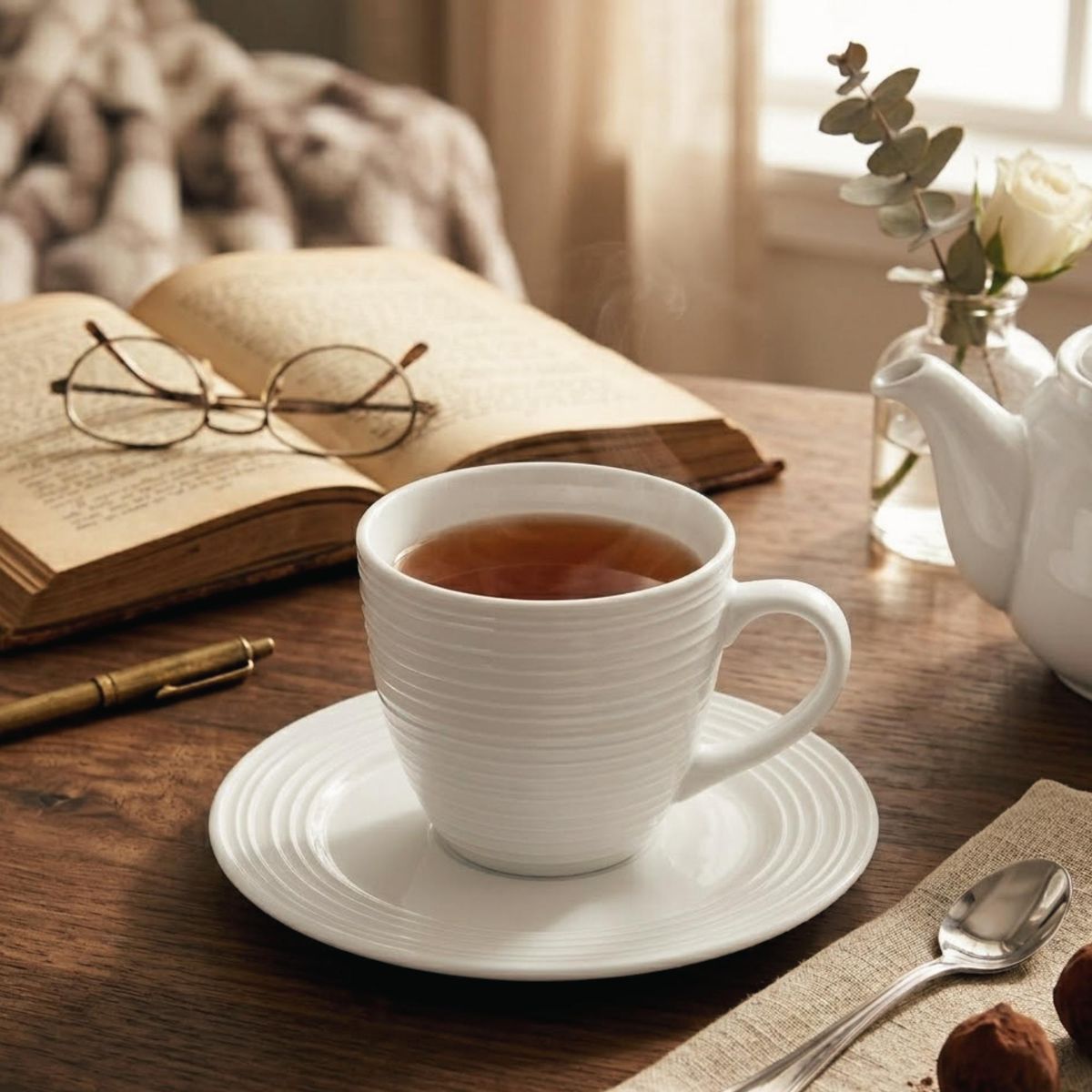 DECO EXPRESS - Set 6 Tazas + 6 Platos Te o Cafe Porcelana London 210 ml