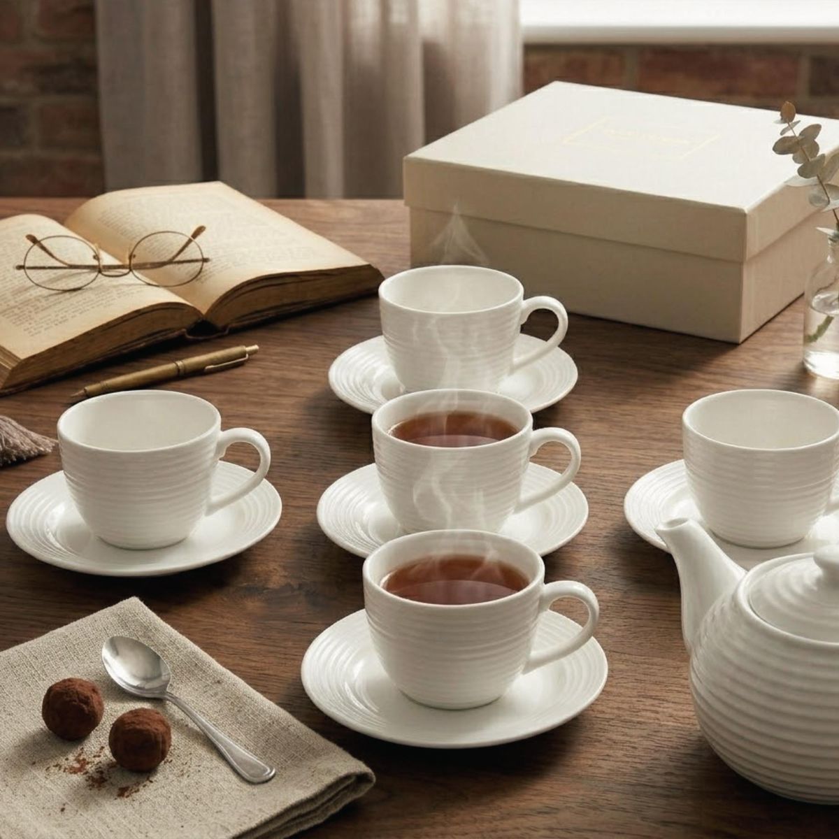 DECO EXPRESS - Set 6 Tazas + 6 Platos Te o Cafe Porcelana London 210 ml