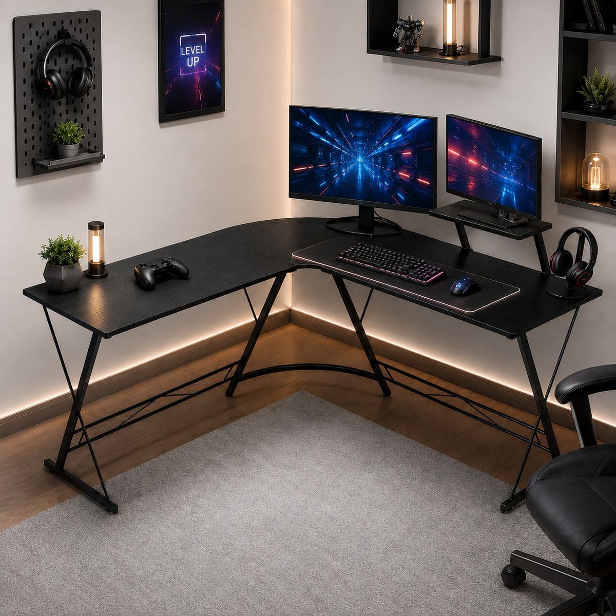 SPACE HOME - Mesa Escritorio en L Vertex Black con Repisa para Monitor y Accesorios