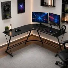 SPACE HOME - Mesa Escritorio en L Vertex Black con Repisa para Monitor y Accesorios