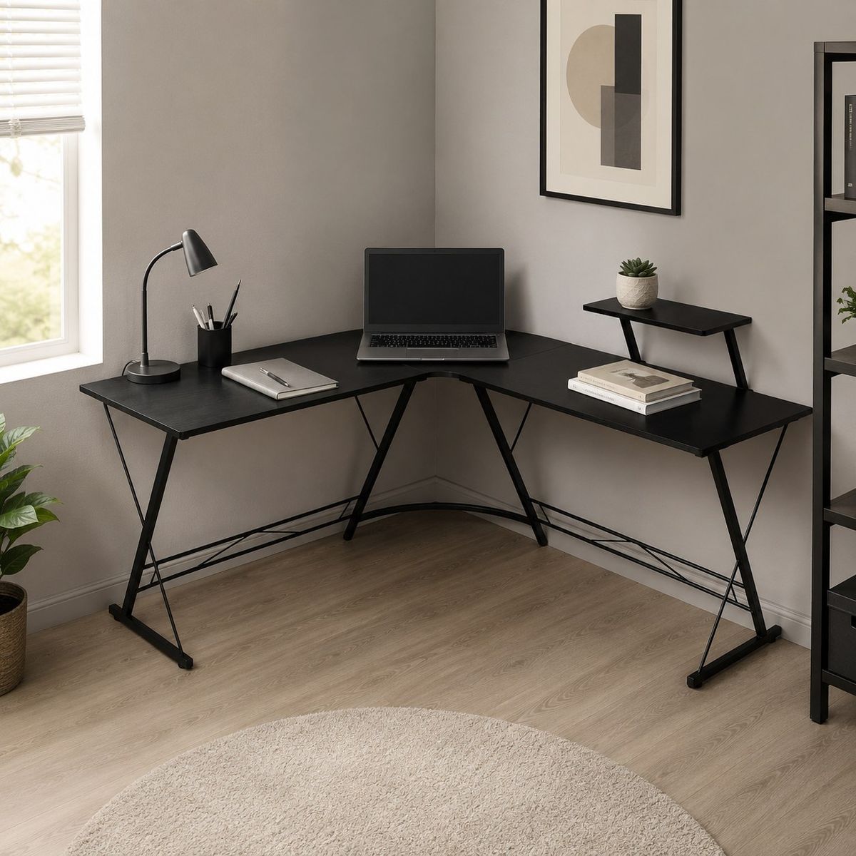 SPACE HOME - Mesa Escritorio en L Vertex Black con Repisa para Monitor y Accesorios