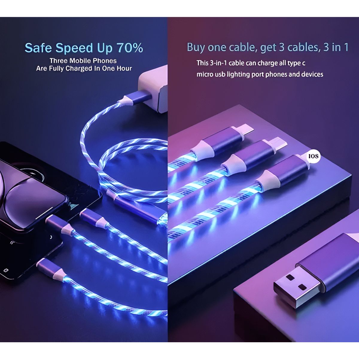 GENERICO - Cable USB múltiple carga rápida 3en1 con iluminación