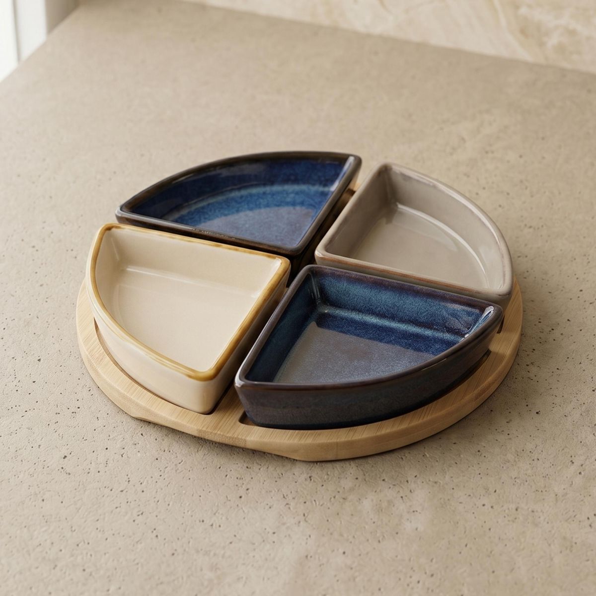 DECO EXPRESS - Set 4 Bowls Ceramica en Bandeja Bamboo Redonda 22 cm