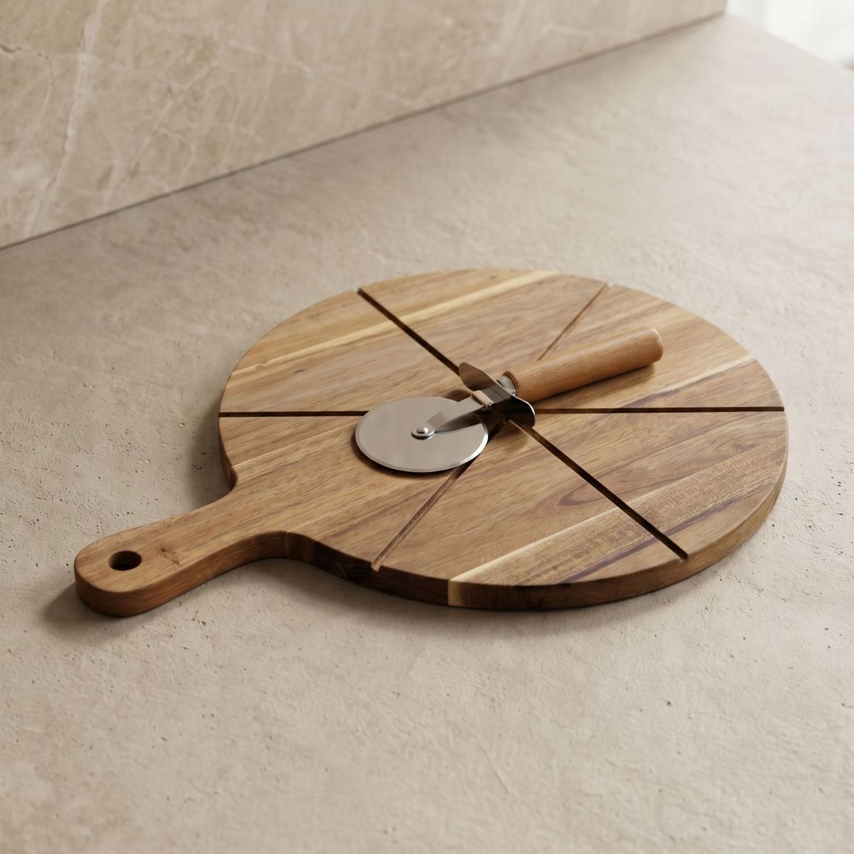 DECO EXPRESS - Tabla de Madera Acacia con Cortador de Pizza 42x32 cm