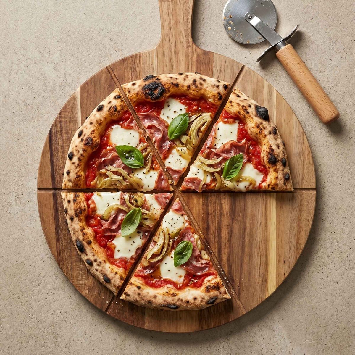DECO EXPRESS - Tabla de Madera Acacia con Cortador de Pizza 42x32 cm