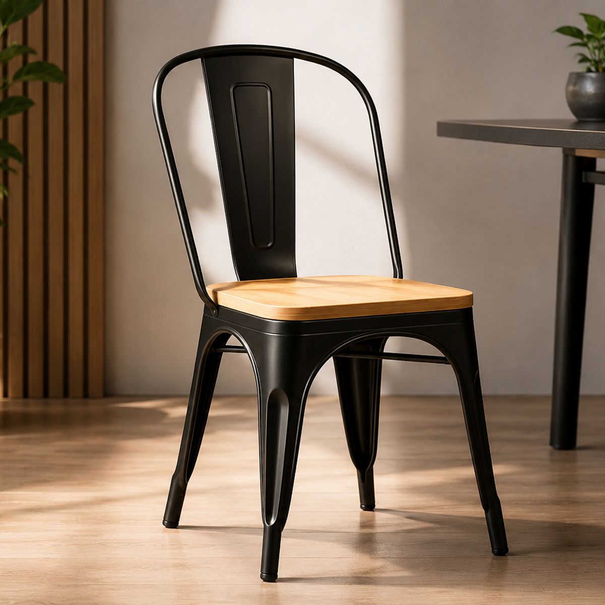 GENERICO - Silla Tolix Negra con Asiento de Madera Premium para Comedor y Terraza