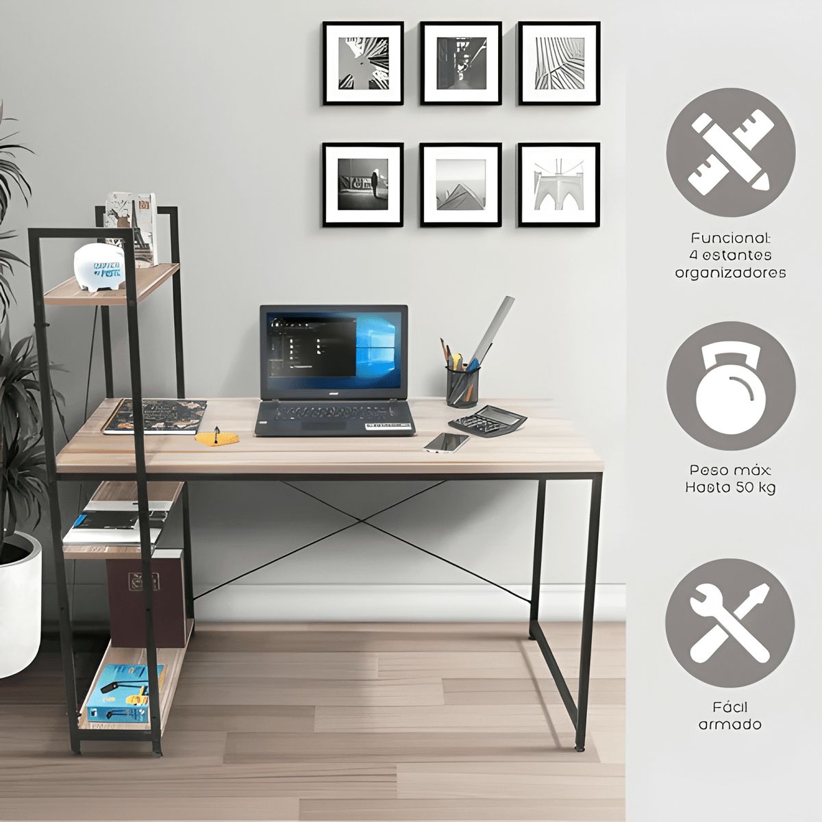 GENERICO - Escritorio estilo industrial relan estantería lateral Beige