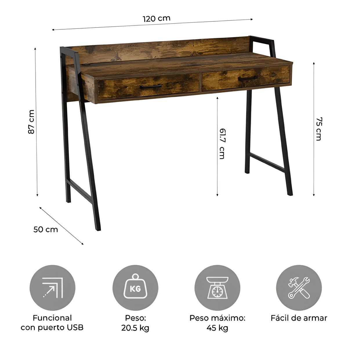 GENERICO - Escritorio industrial USB top living desk-23 Marrón