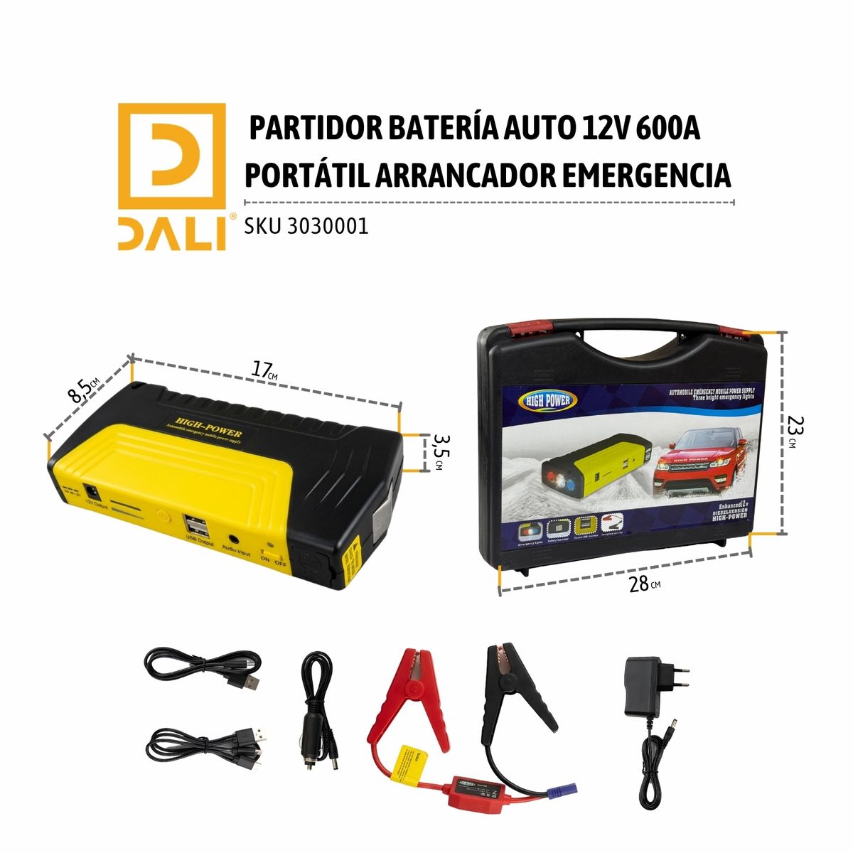 DALI - Partidor de Auto 12V Portátil 600A  Arrancador de Emergencia con USB y Luz LED