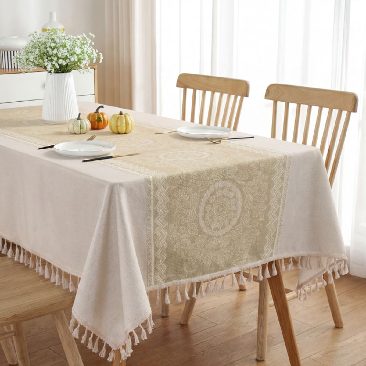 GENERICO - Mantel Rectangular Impermeable con Fleco 140x220 cm - Beige Claro