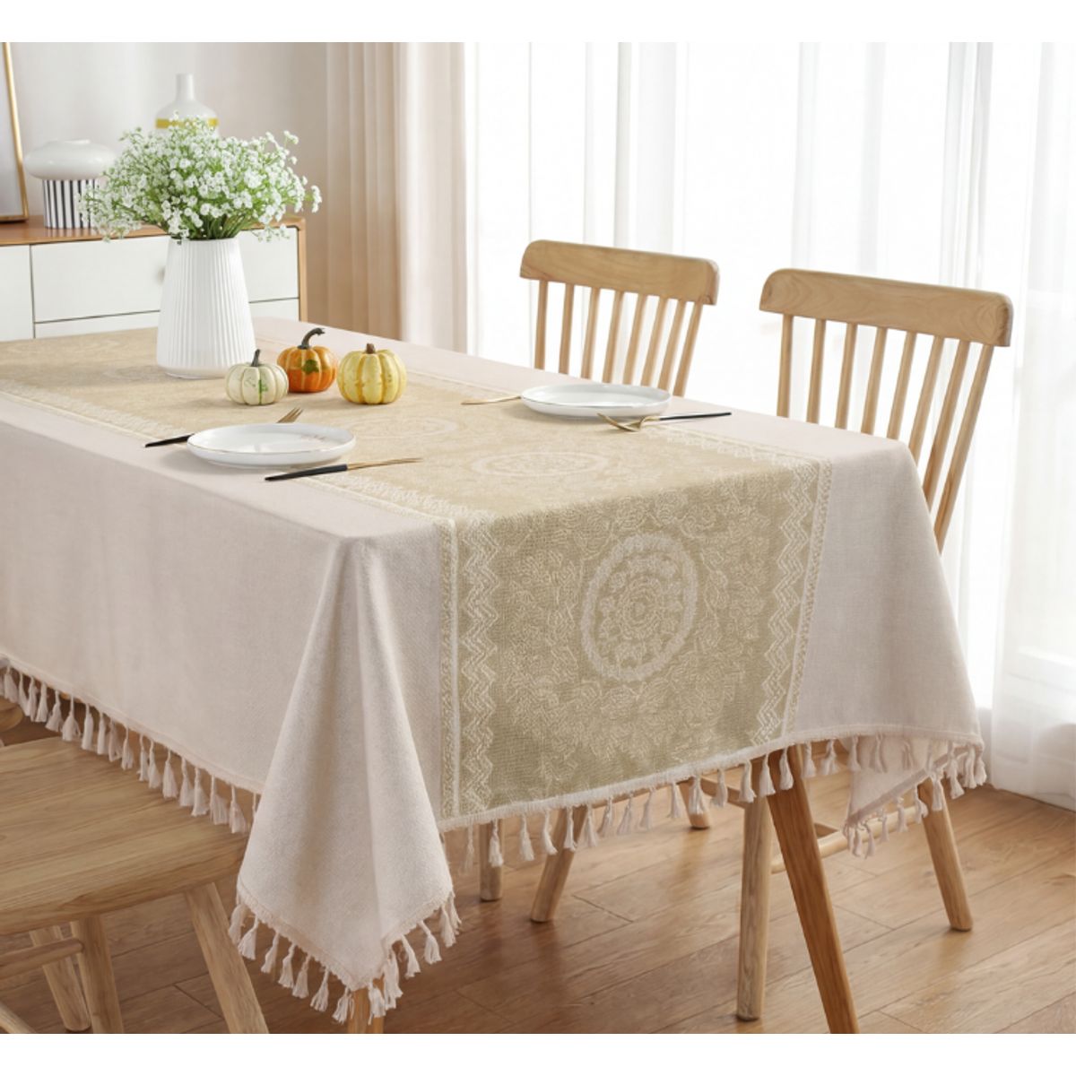 GENERICO - Mantel Rectangular Impermeable con Fleco 140x220 cm - Beige Claro