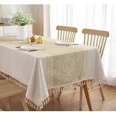 GENERICO - Mantel Rectangular Impermeable con Fleco 140x220 cm - Beige Claro
