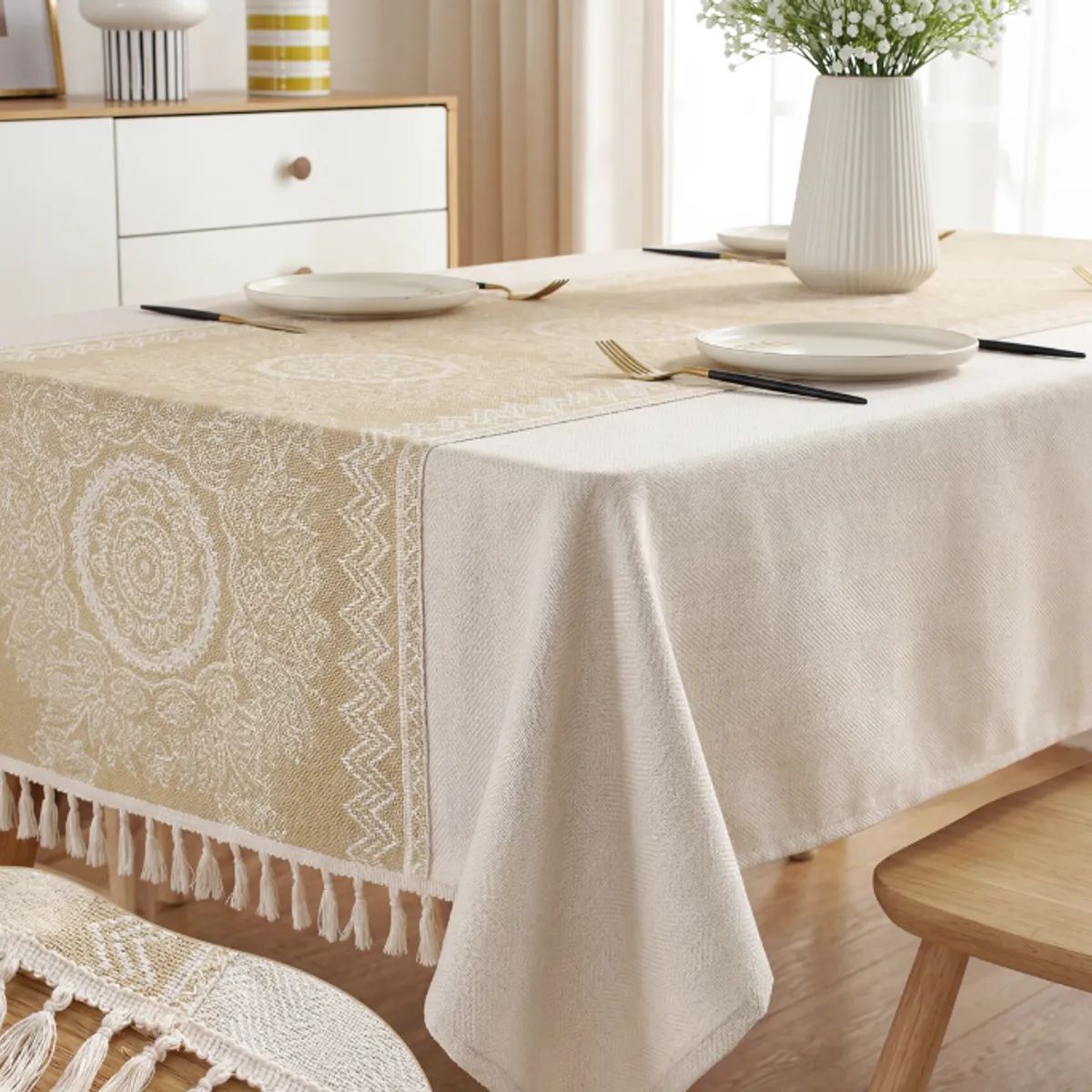 GENERICO - Mantel Rectangular Impermeable con Fleco 140x220 cm - Beige Claro