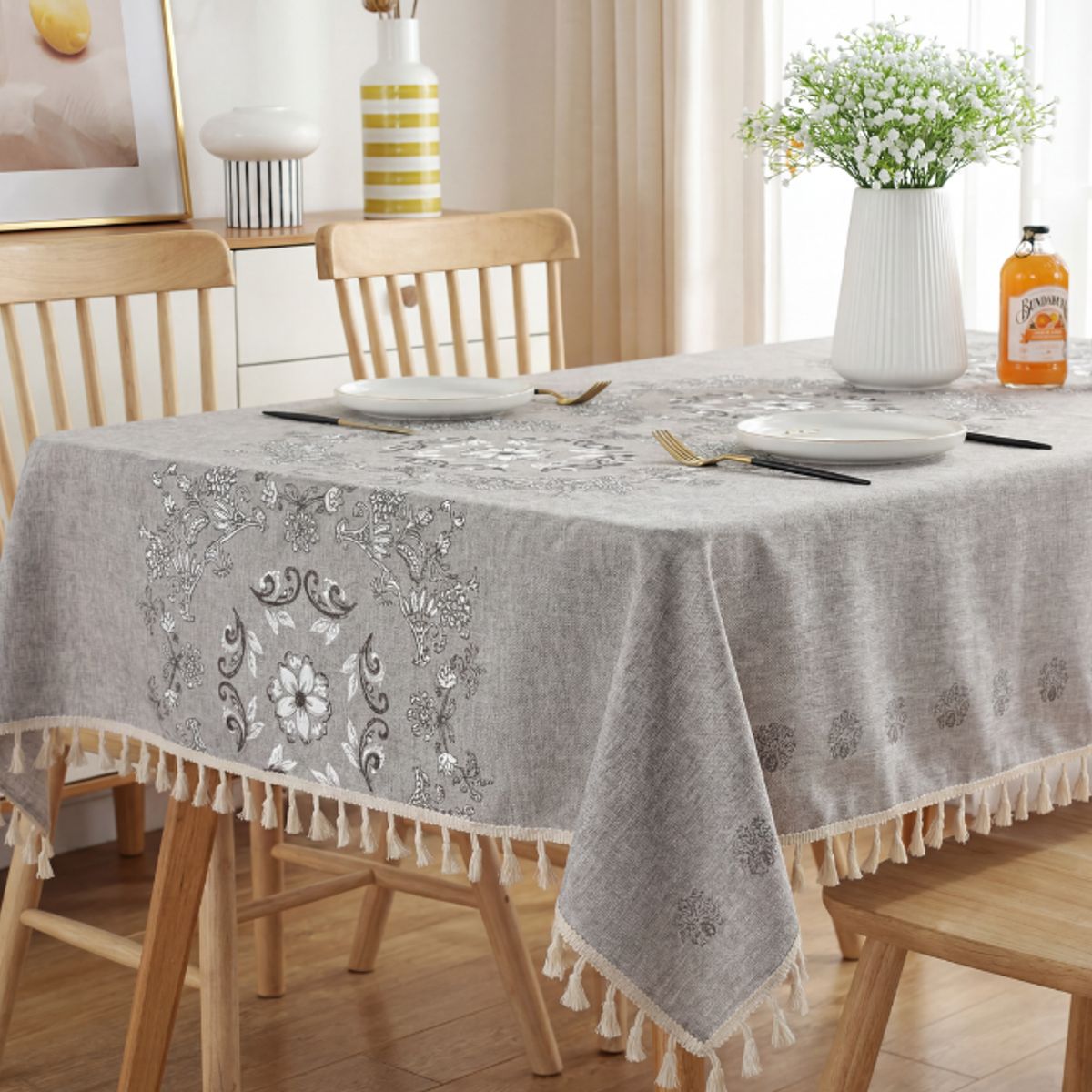GENERICO - Mantel Rectangular Impermeable con Fleco 140x220 cm - Gris