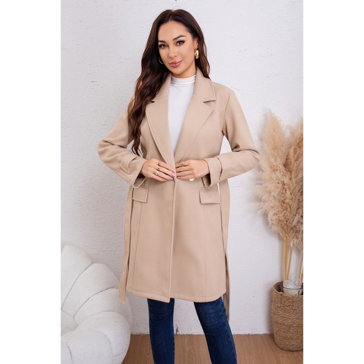 LIKE SHOP - Abrigo Chaqueta Mujer Montgomery Largo Cinturón Broches 8060
