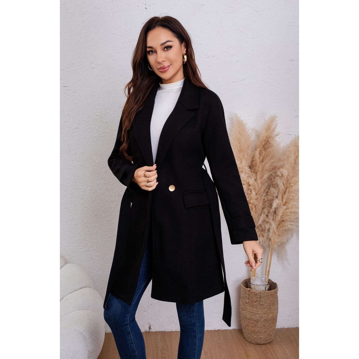 LIKE SHOP - Abrigo Chaqueta Mujer Montgomery Largo Cinturón Broches 8060