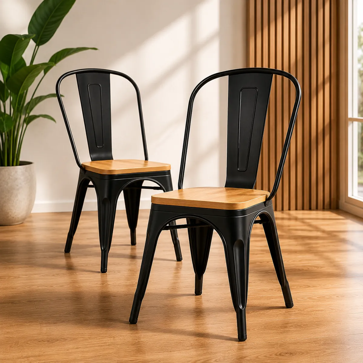 GENERICO - Pack 2 SillasTolix Negra con Asiento de Madera Premium para Comedor y Terraza