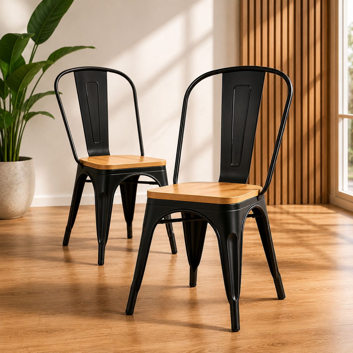 GENERICO - Pack 2 SillasTolix Negra con Asiento de Madera Premium para Comedor y Terraza