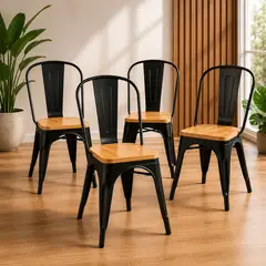 GENERICO - Pack 4 SillasTolix Negra con Asiento de Madera Premium para Comedor y Terraza