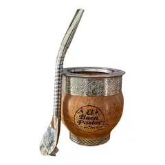 EL BUEN PASTOR - Mate Imperial de Madera Algarrobo con Base y Bombilla