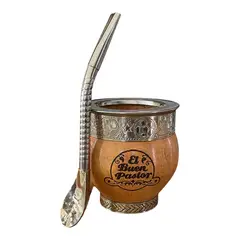 EL BUEN PASTOR - Mate Imperial de Madera Algarrobo con Base y Bombilla