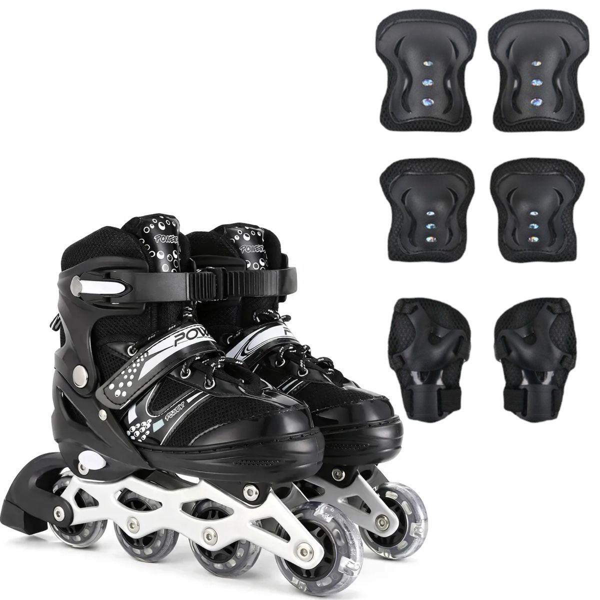GENERICO - Patines en Linea Más Rodilleras, Coderas y Manopla Negros Talla S 29-32