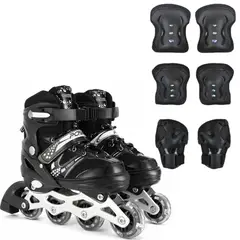 GENERICO - Patines en Linea Más Rodilleras, Coderas y Manopla Negros Talla S 29-32