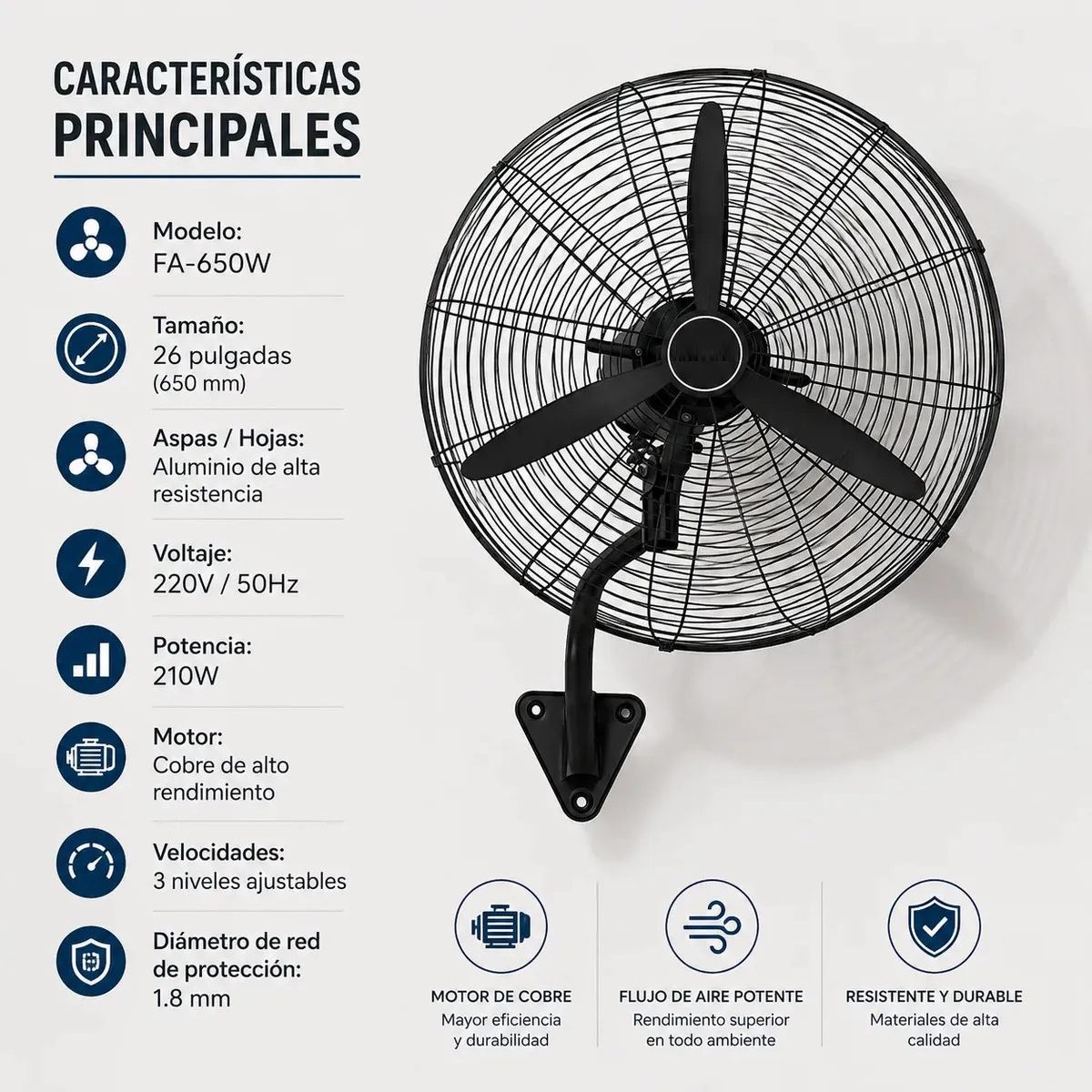 GENERICO - Ventilador Industrial de Pared 26" con 3 Velocidades y Motor de Cobre Belug