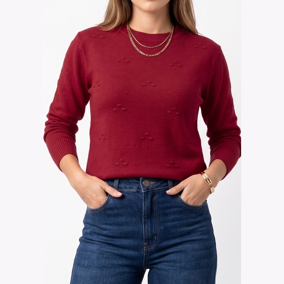 HIPSY SWIMWEAR - Sweater Mujer Cuello Medio con Detalles en Relieve