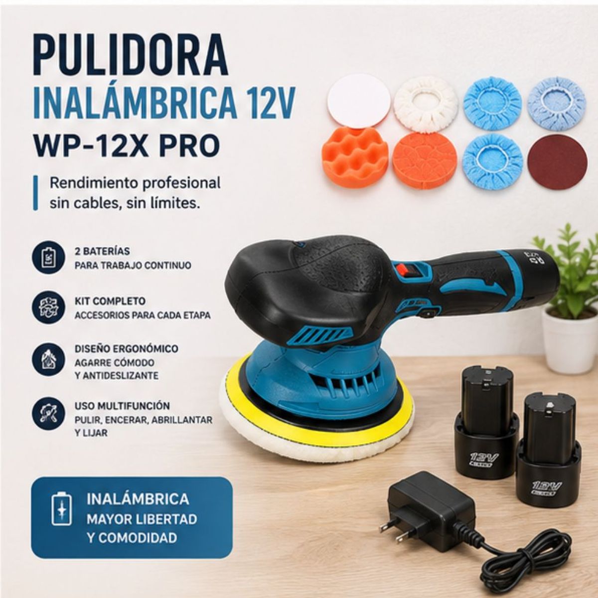 MOVI - PULIDORA INALÁMBRICA 12V + 2 BATERÍAS Y KIT DE ACCESORIOS