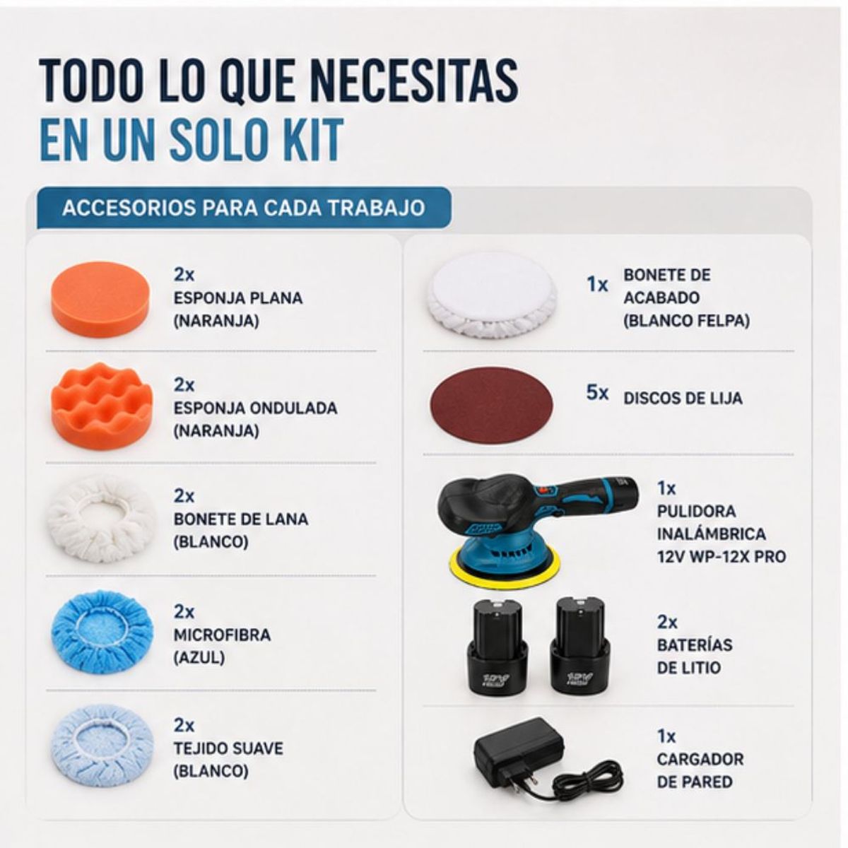 MOVI - PULIDORA INALÁMBRICA 12V + 2 BATERÍAS Y KIT DE ACCESORIOS