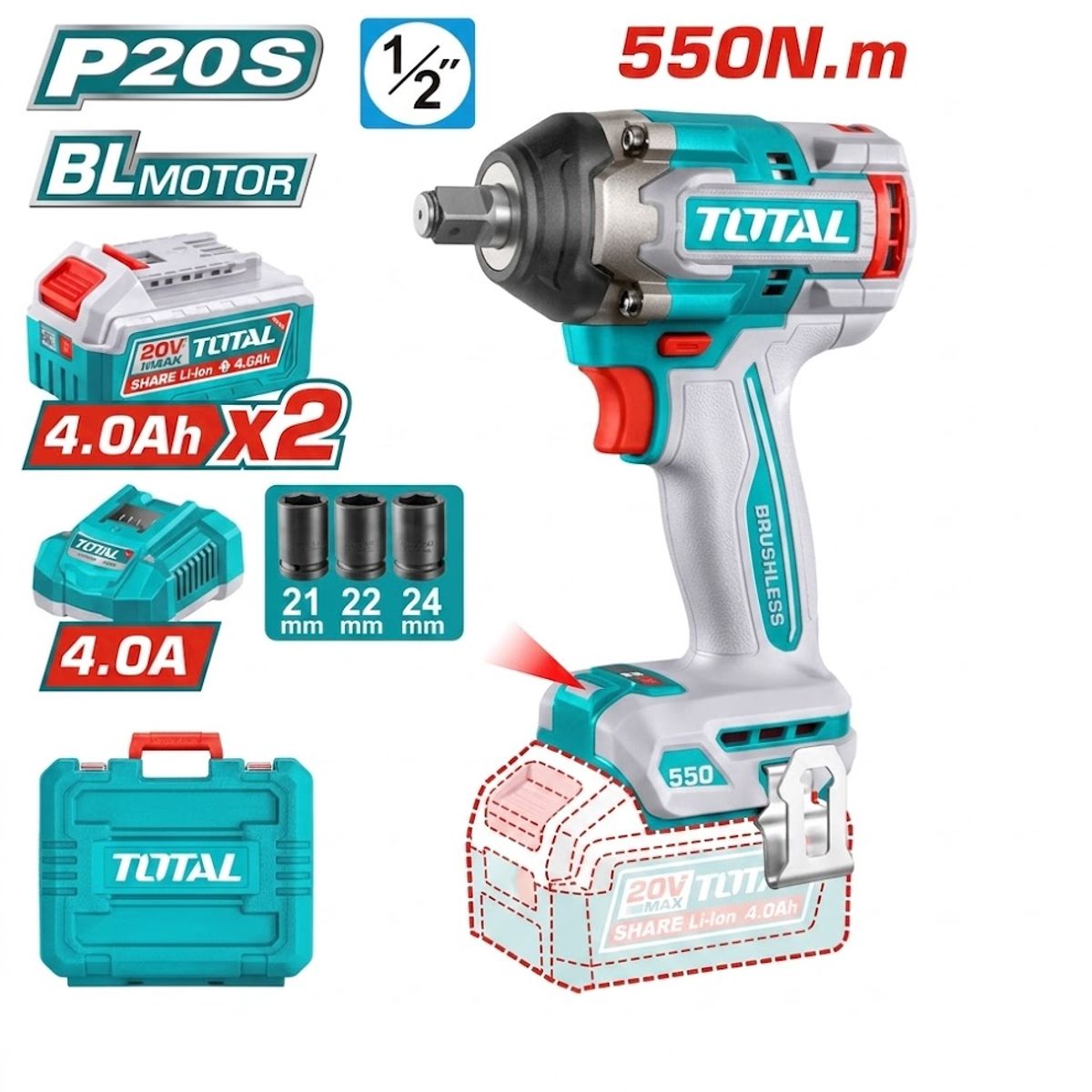 TOTAL TOOLS - Llave de Impacto Inalámbrica 12 20V 550Nm TOTAL