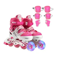 GENERICO - Patines Lineales Rosado Ajustables Más Rodilleras Coderas Manoplas Talla M
