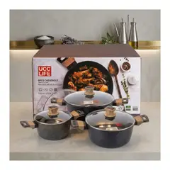 EKOL TACTICA MILITAR - Batería De Cocina 6 Pcs Ollas Cacerolas Para Todo Tipo De Cocina Diseño Granito Y Madera