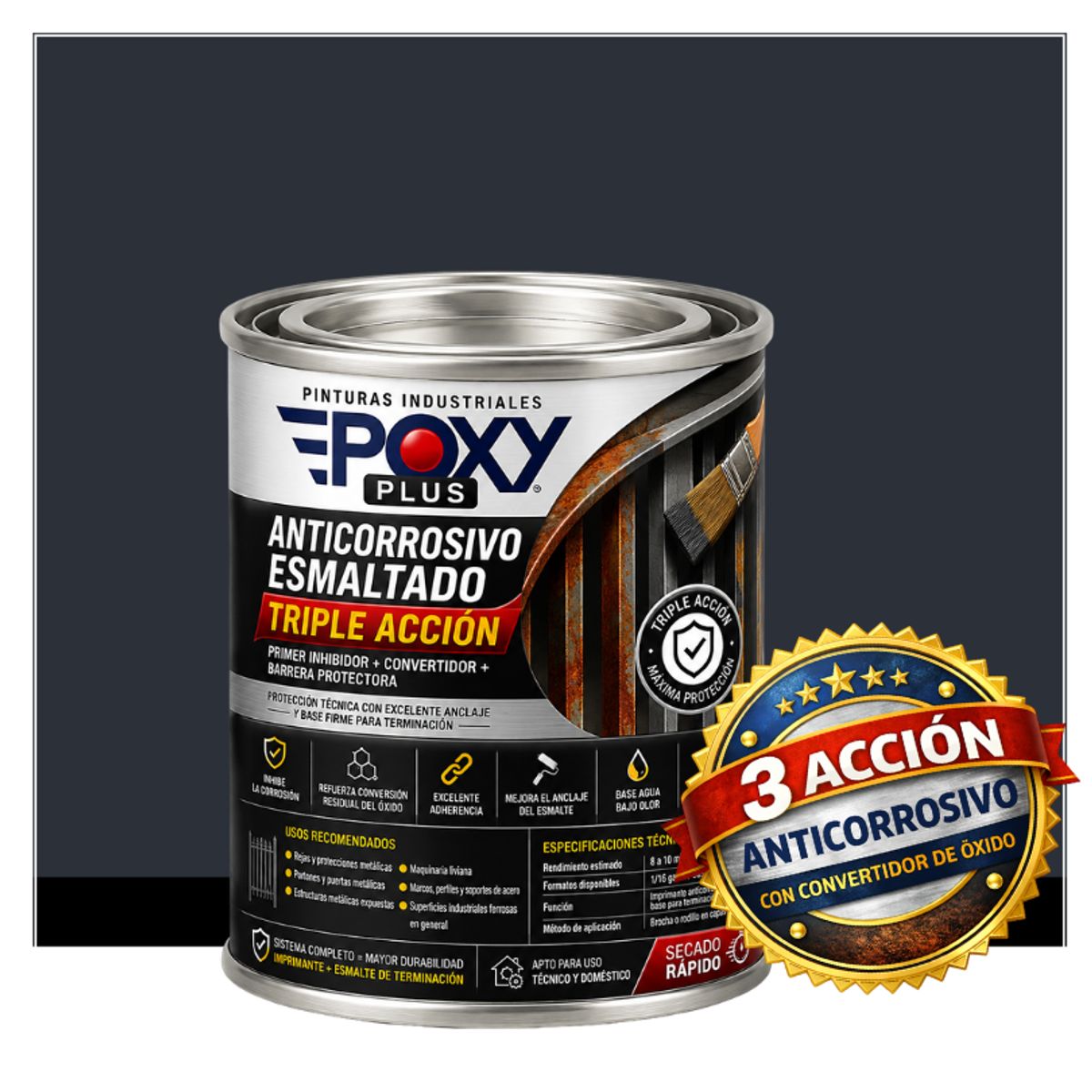 EPOXY - ANTICORROSIVO Profesional 3 en 1 - Directo sobre Óxido - 1-32 GALÓN -  GRIS NEGRO