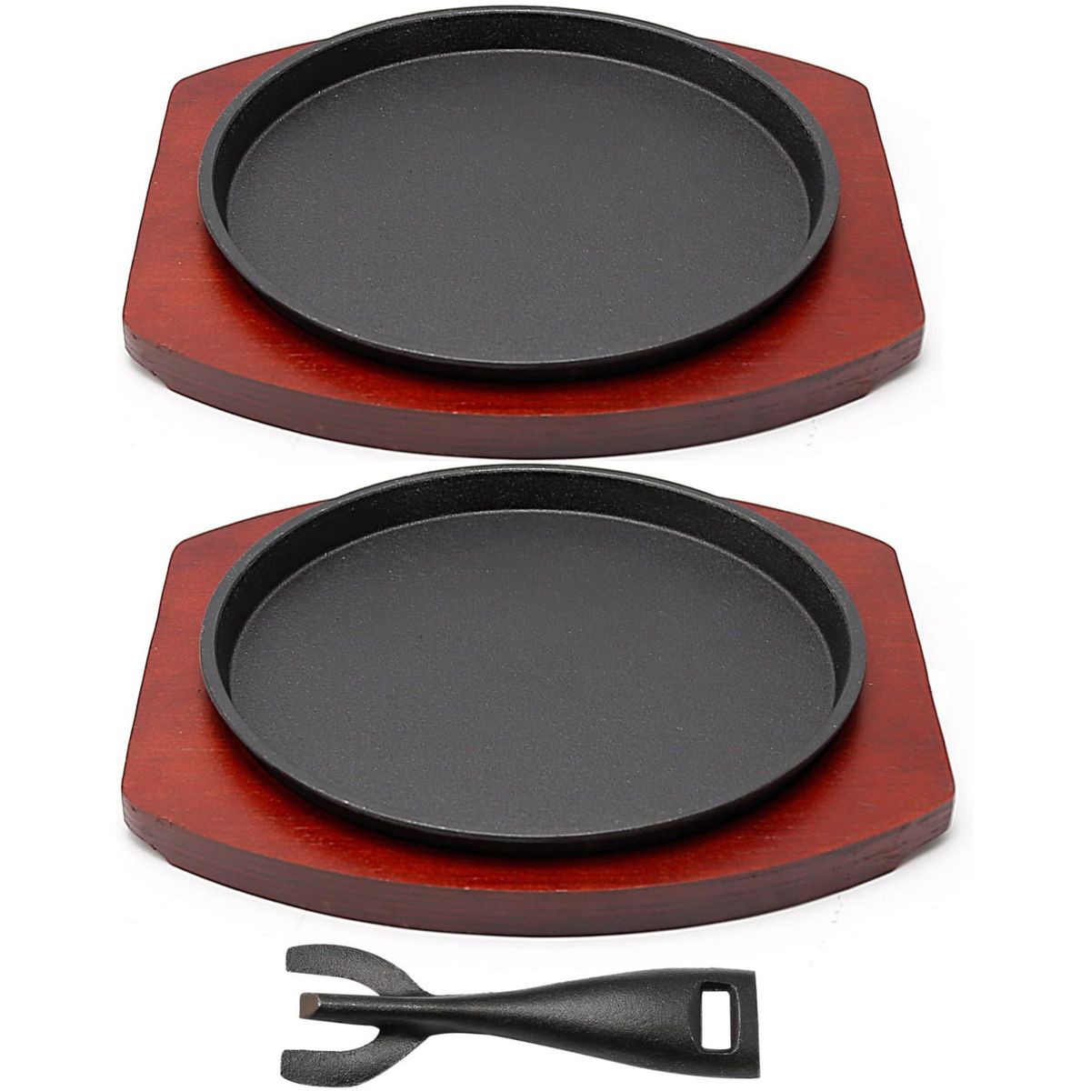 KUANGYE - 2 Plancha Plato De Fierro Fundido Con Base Madera Y 1 Pinza