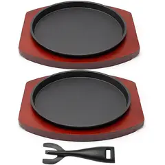 KUANGYE - 2 Plancha Plato De Fierro Fundido Con Base Madera Y 1 Pinza
